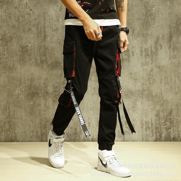 

harajuku long pant men cargo pants trousers 2020 new fashion streetwear men hip hop ribbons pocket joggers pants, Black