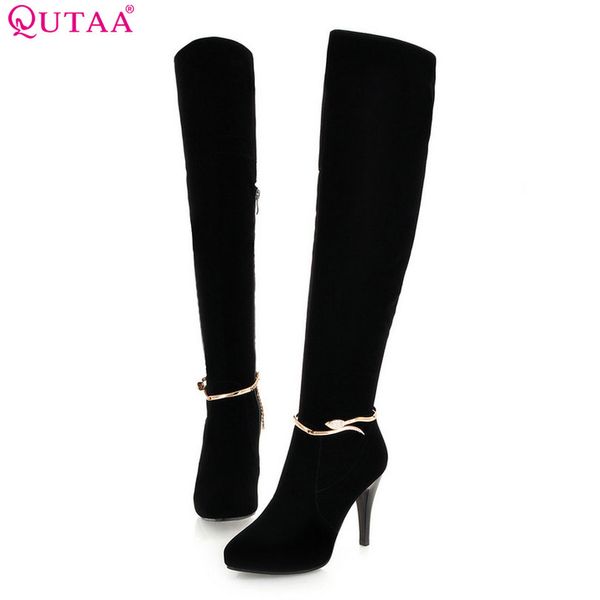 

qutaa 2020 women knee high boots fashion flock thin high heel pointed toe zipper plush keep warmming women boots size 34-39, Black