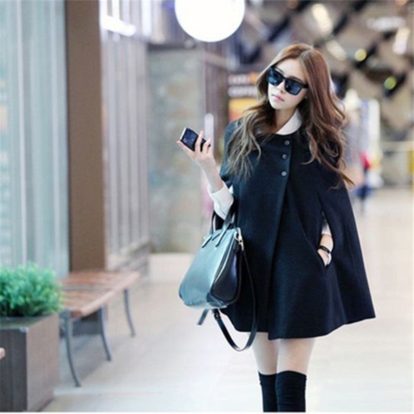 

autumn winter women coat female jacket women batwing poncho woolen warm coat long sleeve casual overcoat slim feminine, Black