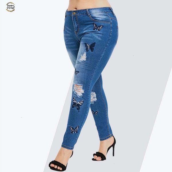 

butterfly size distressed embroidered jeans women pant skinny high waist pencil pants denim jean ladies trousers, Blue