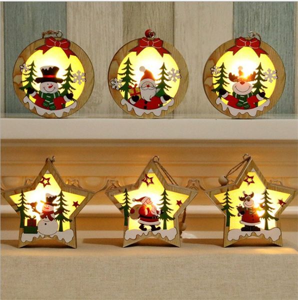 LED Holz Chalet Weihnachten Anhänger Beleuchtete Holz Stern Runde Rahmen Lampe Leuchtende Weihnachtsbaum Ornament Anhänger Dekoration 30 stücke T1I1686