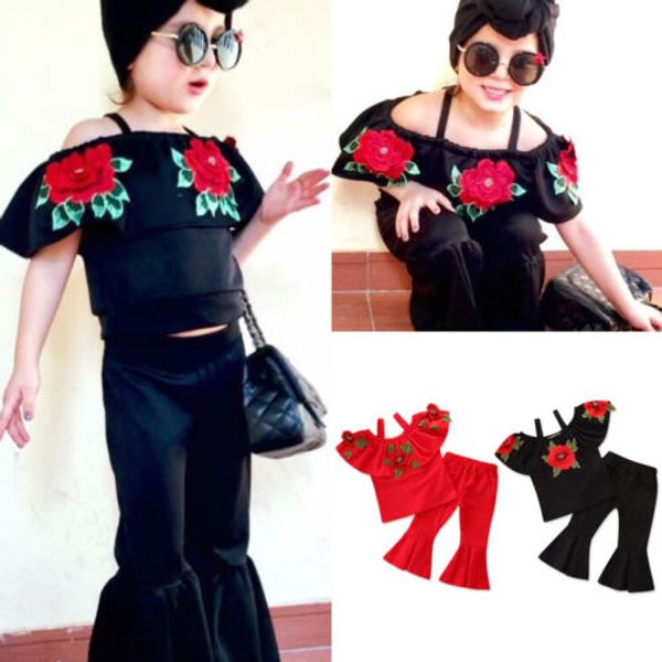 

2018 new arrival kids girl flower embroidery clothes baby girl off shoulder loose flare wide leg pant children summer outfit, White