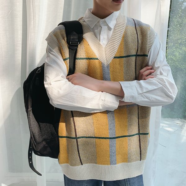 

men's sweater vest modies autumn plaid casual england v-neck sleeveless cotton slim fit black male clothes sweaters vest men, Black;white