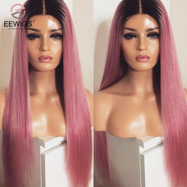 

eewigs ombre pink wig synthetic heat resistant lace front wigs with natural hairline short roots long straight wigs for women, Black