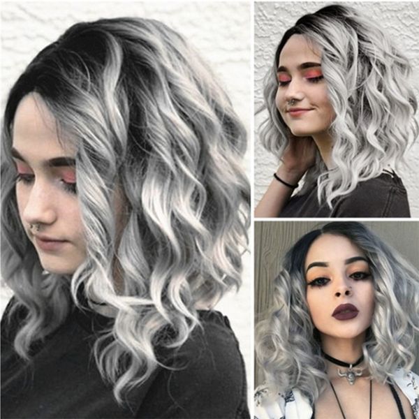 

short wavy curly hair wigs black gray bobo human hair rose net wig glueless front wigs gray women 2m81114, Brown