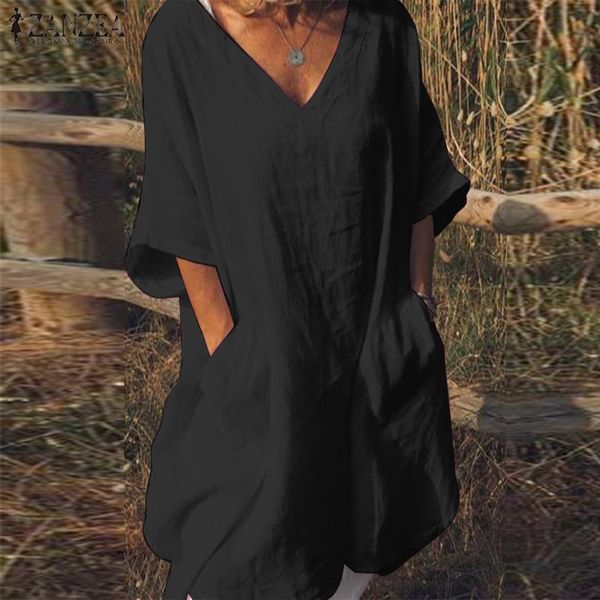 

women short dress zanzea 2019 summer loose shirt vestido casual solid v neck half sleeve cotton linen party sundress female robe, Black;gray