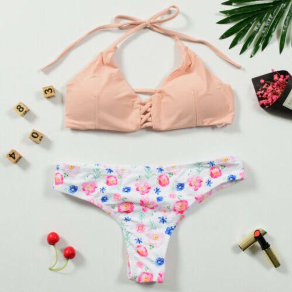 

hirigin women bikini set push-up padded pink bra floral beachwear bathing suit bra set, Red;black