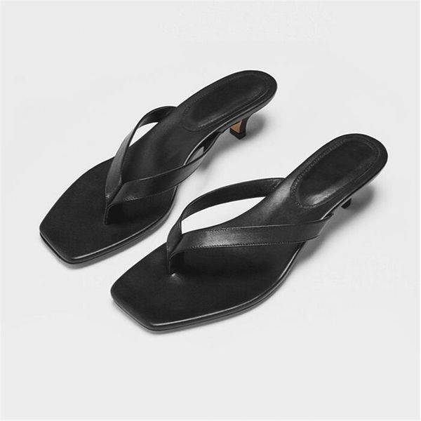 

leather square toe summer slippers women designer female kitten heels flip flops outdoor party 2019 fashion woman slides shoes, Black