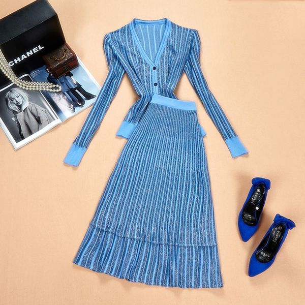 

women's elegant fall spring  v-neck sweater elastic waist striped embroidery knitting two pieces sets slim skirt suits, Gray