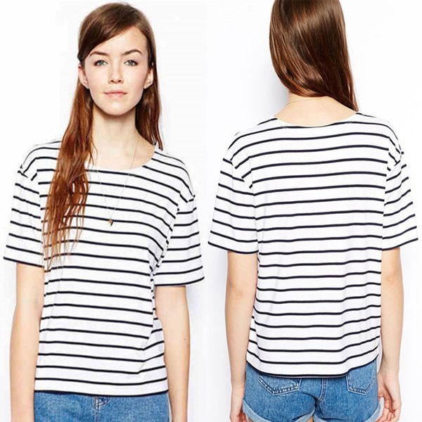 

женщин конструктора простой сладкий полосатый печатных t-рубашка с коротким рукавом свободные тонкий джокер тенденция topuaye, White