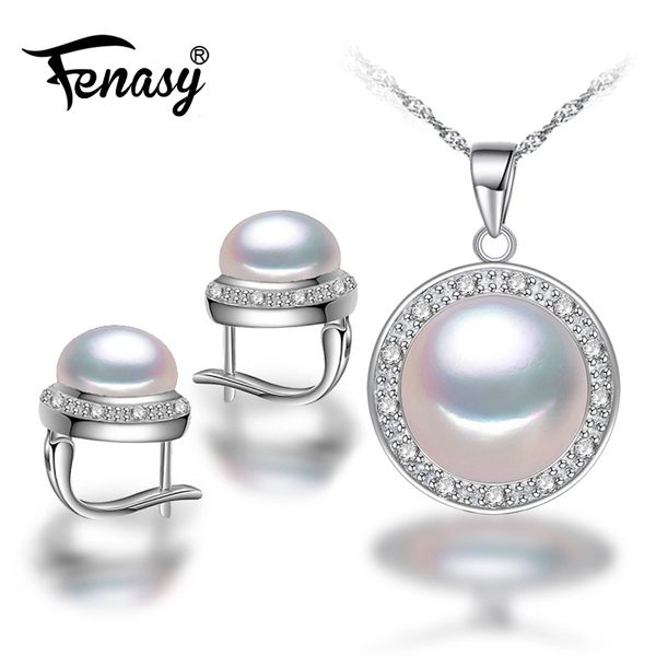 

fenasy 925 sterling silver jewelry sets natural freshwater pearl earrings round pendant necklace for women wedding jewelry sets, Black