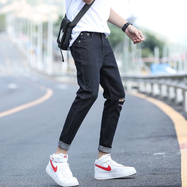 

men's jeans nine points ripped pants casual feet slim summer beggars 9 korean version of the trend, Blue