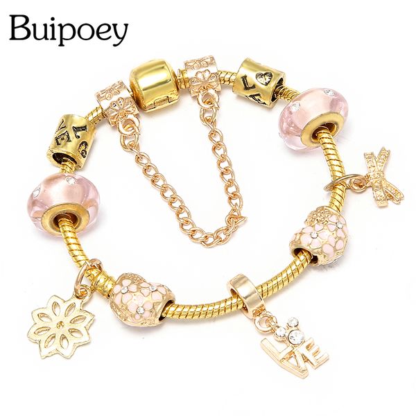 

buipoey new golden heart charm bracelet bangle for women pink rhinestone jewelry bow pendant brand bracelet diy girl gift, Golden;silver