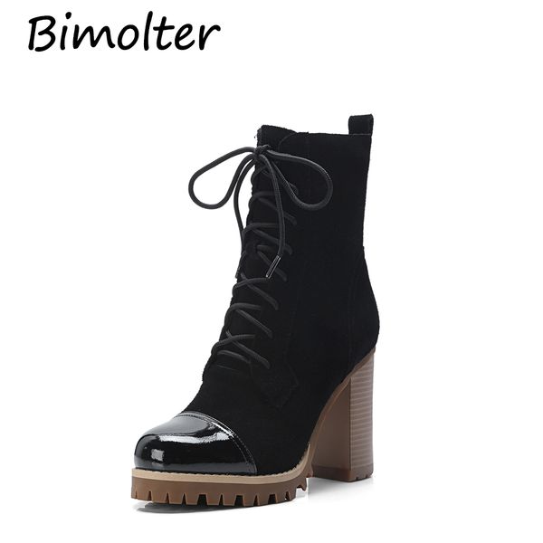 

bimolter new cow suede black ankle boots square heels genuine leather platform shoes autumn female lace up fashion boots nb005