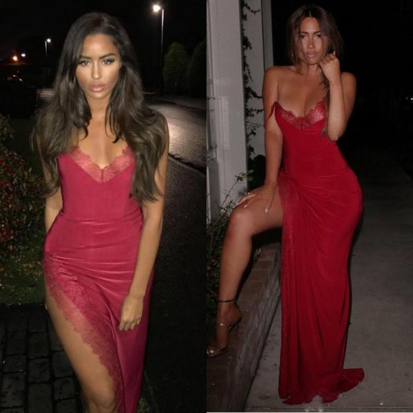 

red evening dresses a line slit chiffon prom gowns with lace formal evening party gowns, Black;red