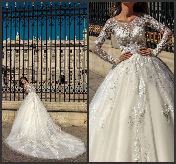

2019 new long sleeve mila nova lace wedding dresses scoop neck appliques court train bridal gowns vestido de novia custom wedding dress, White