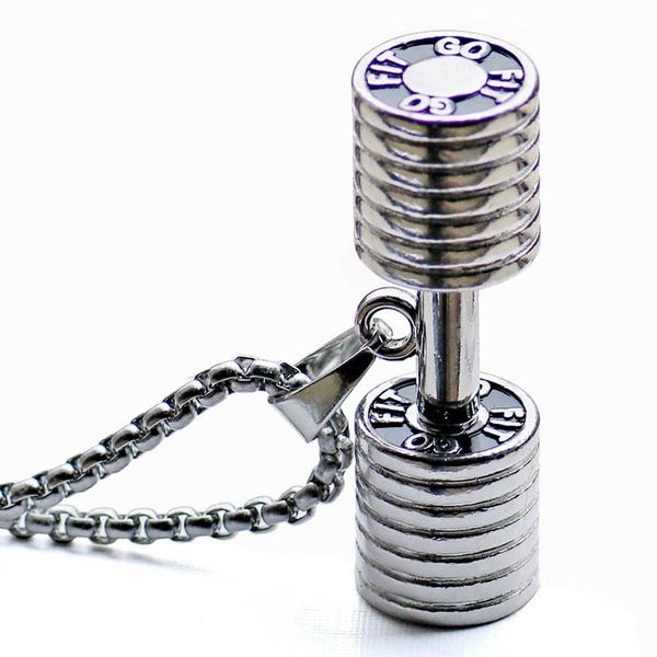 

barbell pendant fitness dumbbell necklace fashion geometric sports jewelry stainless steel 23in chain 2020 spring arrival, Silver