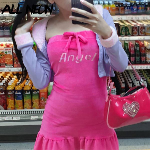 

allneon e-girl off shoulder bandage angel rhinestones ruffles pink mini dresses y2k sweet strapeless backless velet party dress, Black;gray