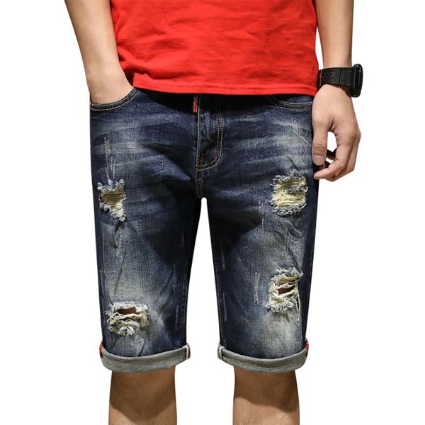 

2019 new men's straight slim jeans men's shorts half denim trousers korean summer trendy ripped pants, Blue