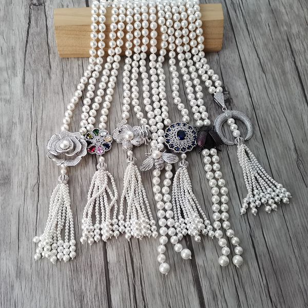 

4pcs unique design bee pendant cz micro pave,natural shell pearl beads tassels charm chain women jewelry necklace 535, Silver