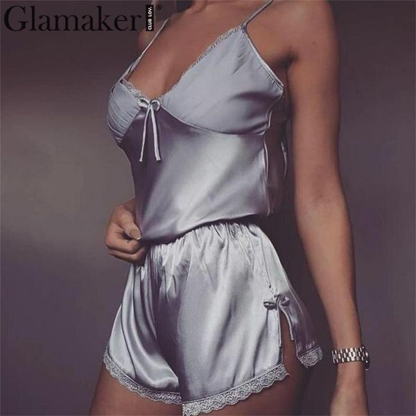 

glamaker two-piece set satin sleepwear women pajama set lace pyjama femme sleep & lounge cool summer nightwear home wear, Blue;gray