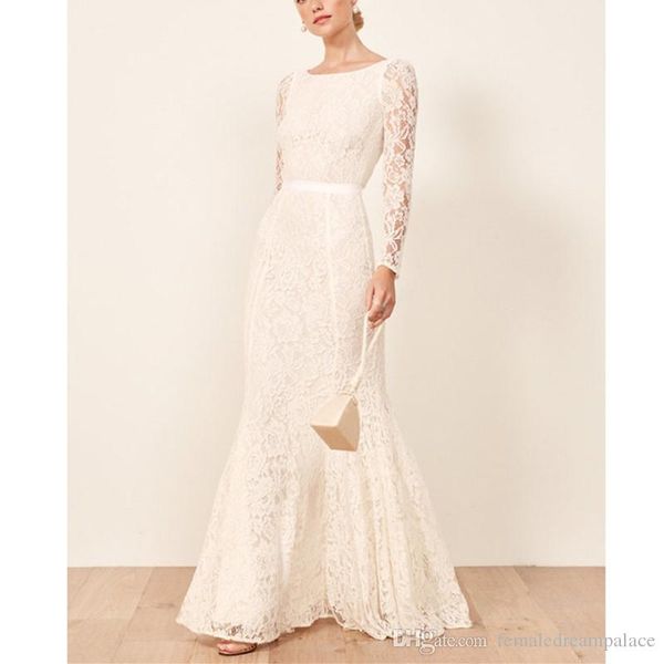 

2019 простые кружева цвета слоновой кости свадебные платья русалка длина пола спинки свадебные платья с длинными рукавами церковные свадебны, White