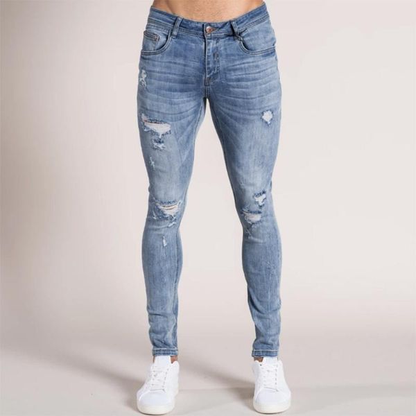 

мода streetwear мужские джинсы vintage синий серый цвет тощий разрушенный рваные джинсы сломанный punk брюки homme men 2020, Blue