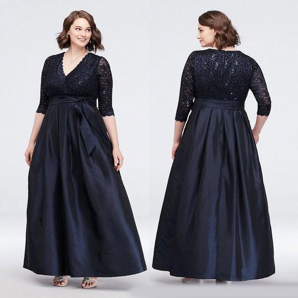 

black plus size lace mother of the bride dresses with long sleeves v neck sequined wedding guest dress ankle length taffeta evening gowns, Black;red