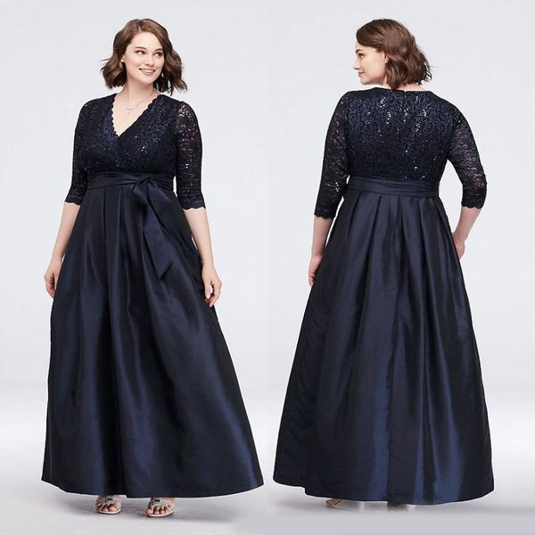 Black Plus Size Lace Mãe dos vestidos de noiva com mangas compridas V Neck Lantejoulas Convidado de casamento vestido tornozelo comprimento tafetá vestidos de noite