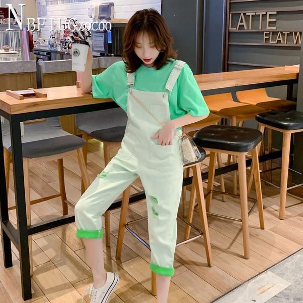 

2020 overalls women sets t shirt and suspender pants female sets, White