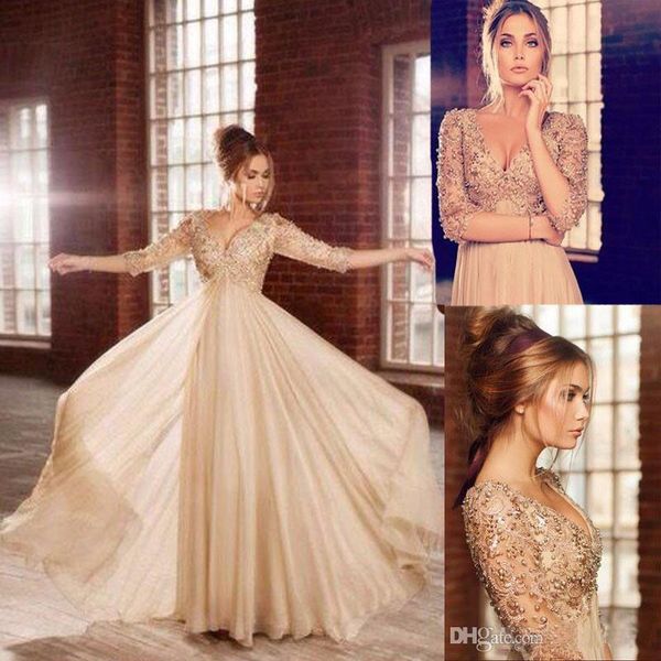 

2019 elegant long prom dresses deep v neck half sleeves chiffon pearls beaded champagne formal evening dress party dress vestido de noite, Black