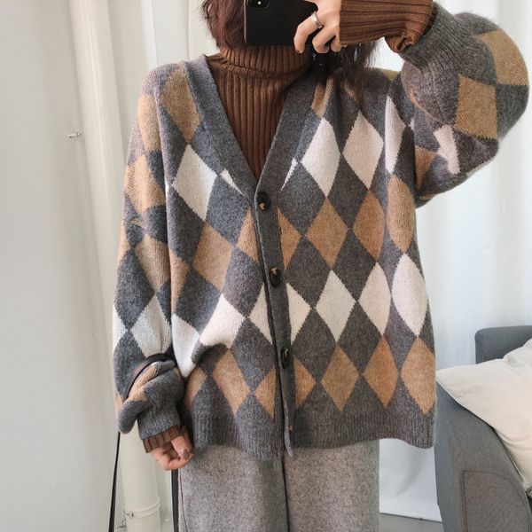 

spring women sweater casual diamond plaid long-sleeved v-neck cardigan sweater loose, White;black