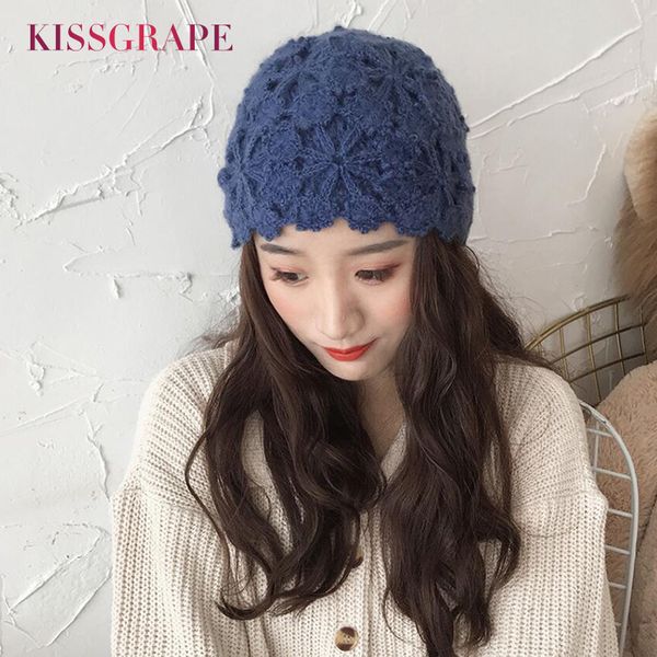 

2020 new spring double layer womens knitted cap hat handmade ladies elegant floral lace beanies winter warm crochet hat soft cap, Blue;gray