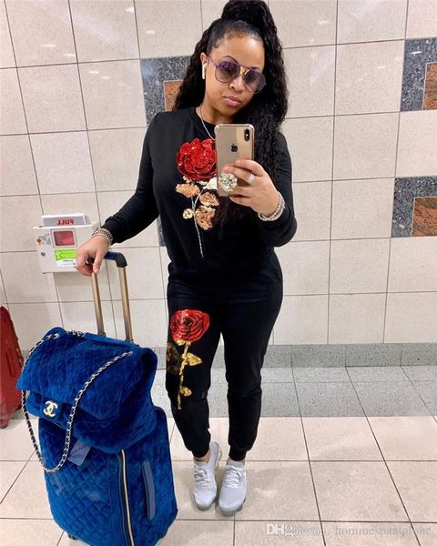 

женская мода цветочные печатные костюмы повседневный сыпучие вышивки женщин 2pc набор осень зима дизайнер crew neck женская одежда, Gray