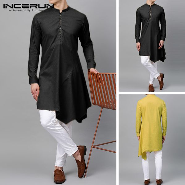 

incerun 2020 men long shirt clothes vintage solid color long sleeve kurtas mens asymmetric shirts elegant muslim robes, White;black