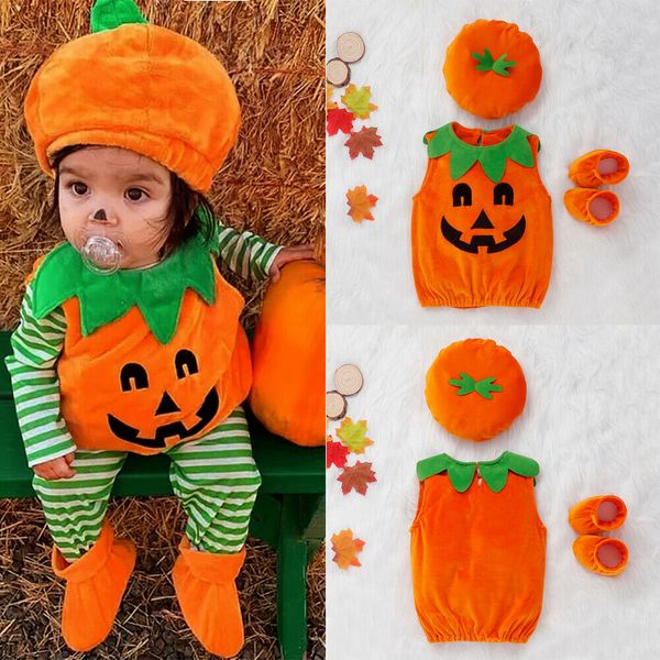 

cute kids baby girl boy pumpkin vest +hat+shoes outfits clothes costume, White