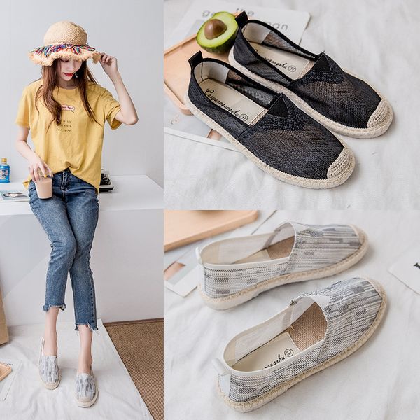 

fishermans shoes woman air mesh flats summer cover toe loafers breathable grey stripes moccasins straw slip on footwear2020, Black