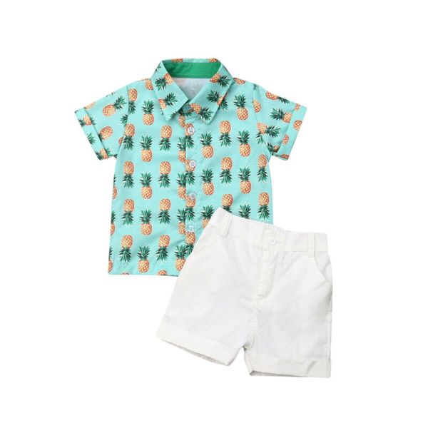 

2 шт. малыша дети мальчик лето свободного покроя джентльмен ананас печати блузка рубашка топы+брюки шорты одежда экипировка комплект, White