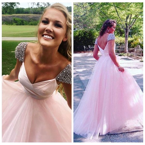 

beautiful v-neck cap sleeve pink prom dresses crystal beaded prom dresses low v back long prom dress with sleeves vestidos de noche, Black
