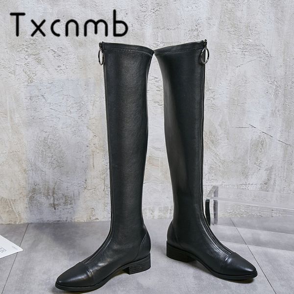 

txcnmb 2019 boots women over the knee boots for women winter genuine leather high heel shoes woman size 41 42 43, Black