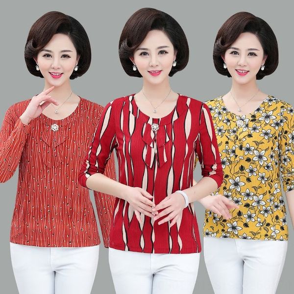 

mother's wear autumn t- long-sleeved t- female middle-aged and elderly women's large size slim flower small shirt middle-aged base, White