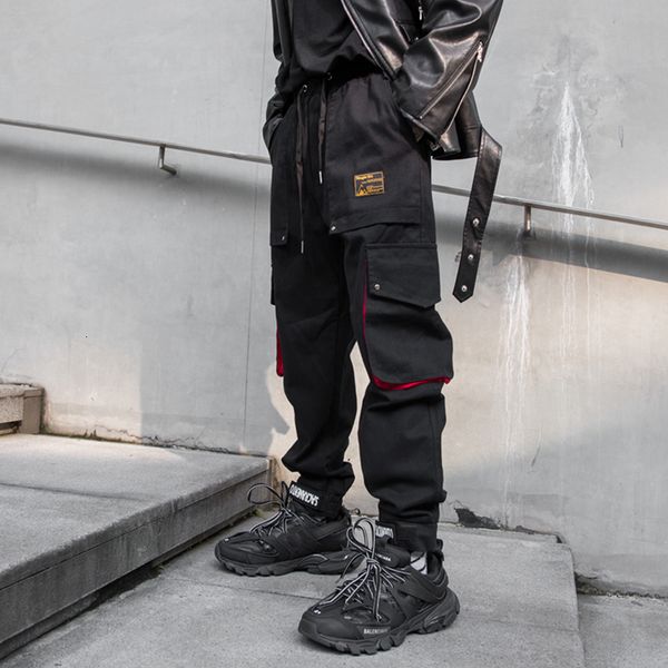 

autumn new cotton overalls men's fashion solid color casual multi-pocket overalls trousers man streetwear hip-hop loose trousers, Black