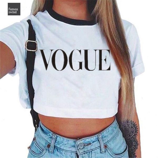 

женская письмо рубашки vogue crop top с коротким рукавом новые casual tee топы лето женский t shirt cute обрезанное вверх, White
