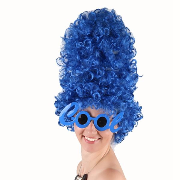Hohe blaue Lockenperücke für Halloween-Kostüm, Partyhut, lustige Dekoration