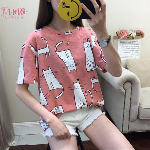 

cute cartoon cat print t shirt women spring summer short sleeve round neck t shirt woman casual slim fit t shirts women, White