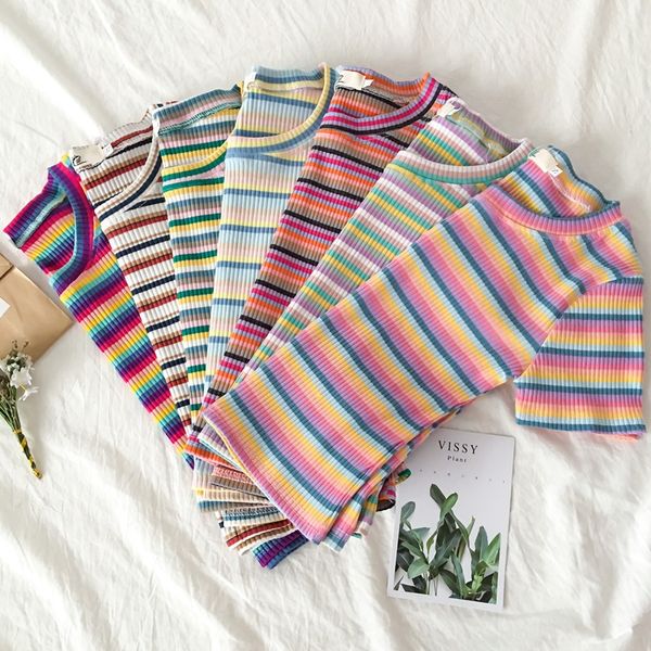 

2020 summer colorful striped half-sleeve t-shirt women's short short-sleeved rainbow t-shirt short skirt skirt ins fashion, White