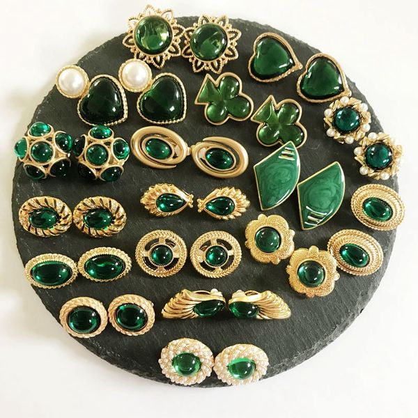

green colors earring styles, geometric alloy enamel resin clip earring, Silver