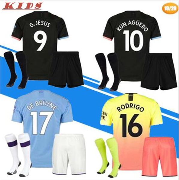 

19 20 Манчестер Сити MAHREZ Футбольные майки Home 2019 2020 Детский комплект + носки KUN AGUERO DE BRUYNE SILVA SANE maillot Детский футбол Jersys