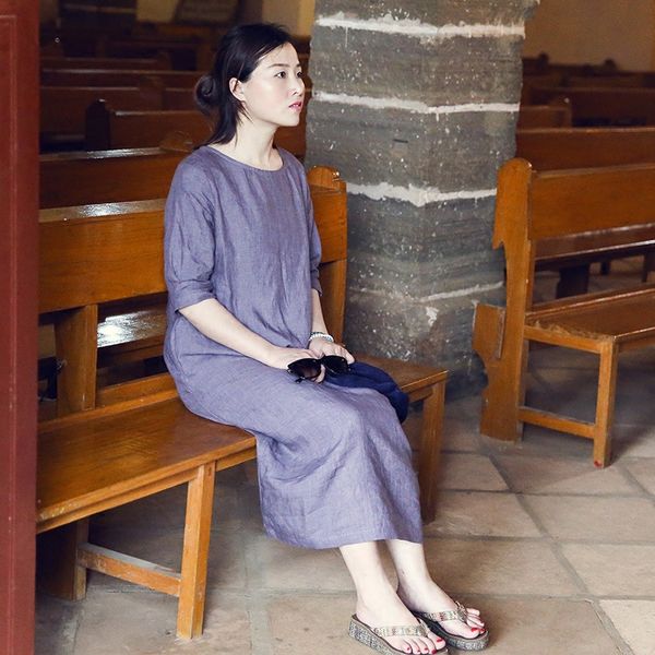 

cotton linen women's autumn new round neck solid colrs seven sleeve dress literary long robes, Red