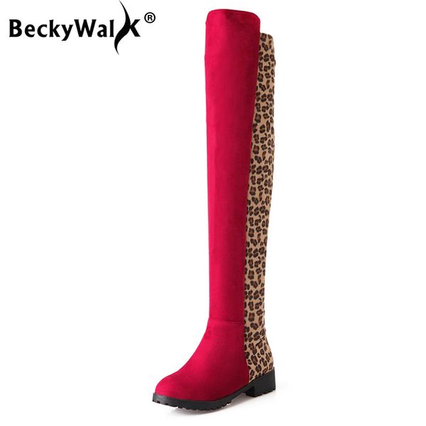 

square low heels winter shoes patchwork lady shoes leopard print women boots women over the knee boots big size wsh3479, Black